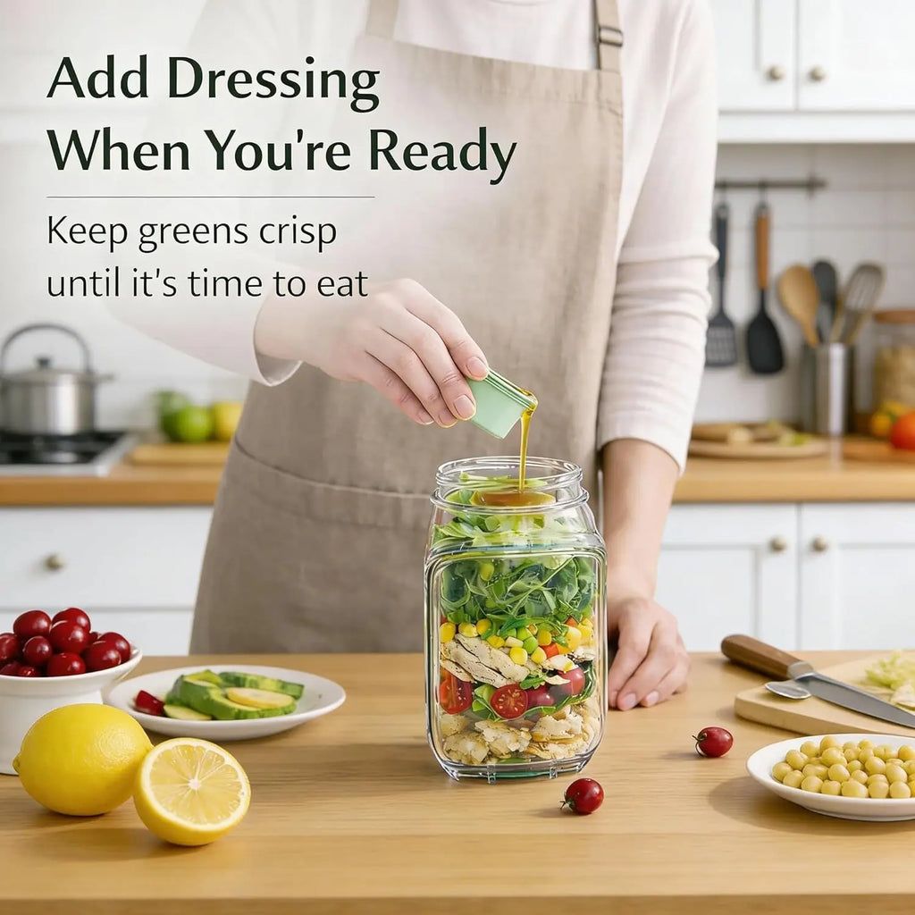 Portable Salad Jar with Side Access Leak-Proof Reusable Snack Container Food Storage Container with Sauce Compartment Lid and Spoon for Outdoor Picnic BBQ for Renters Young Families Home Cooks