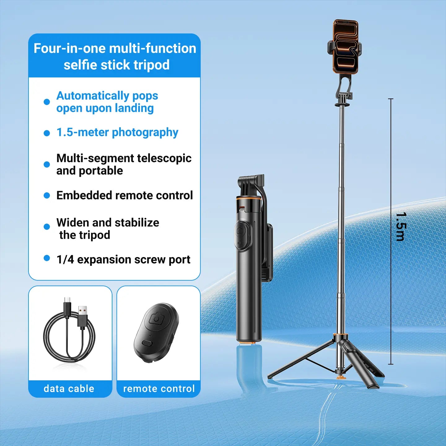 Upgraded Auto-Open 4-In-1 Selfie Stick Tripod — Convenient Shooting, Tripod, Phone Stand, Bluetooth Remote; Foldable Multi-Functional Design with Expansion Mounts: Compatible with Phones, Mirrorless & Action Cameras; Works with All Ios & Android Devices