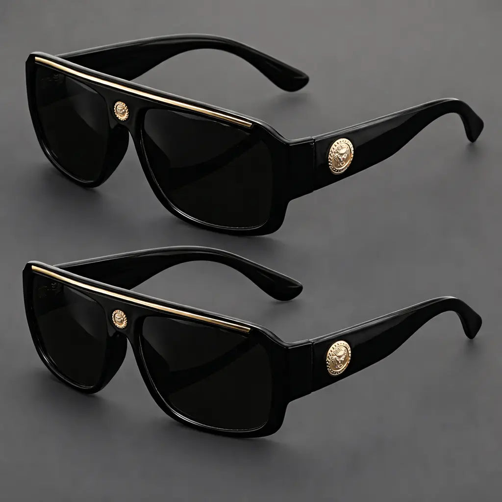 Unisex 2-Piece Vintage Full Rim Square Sunglasses, Lightweight PC (Polycarbonate) Frames with Metal Head Decoration, Fashion Eyewear for Beach & Daily Wear, Guys Gifts Women'S Sunglasses Accessories
