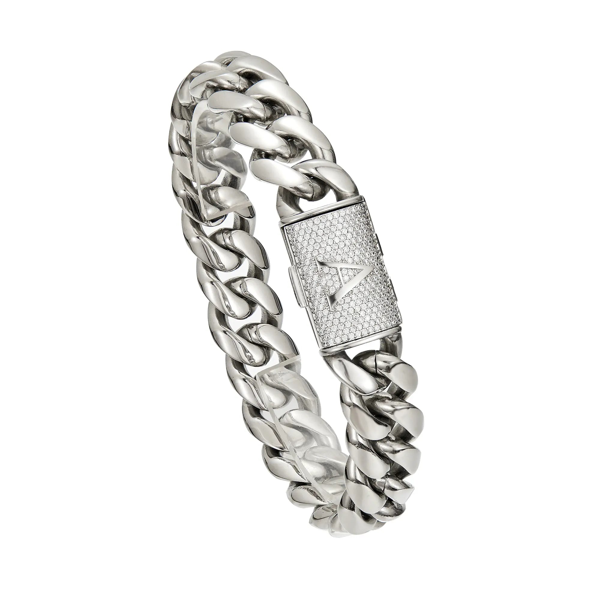 Silver Stainless Steel Cuban Link Bracelet for Men, 14Mm Heavy Chain with A–Z Initial Letter Clasp, Gothic Punk Hip Hop Style, Personalized Modern Gift for Him Tiktokshopspringglowup