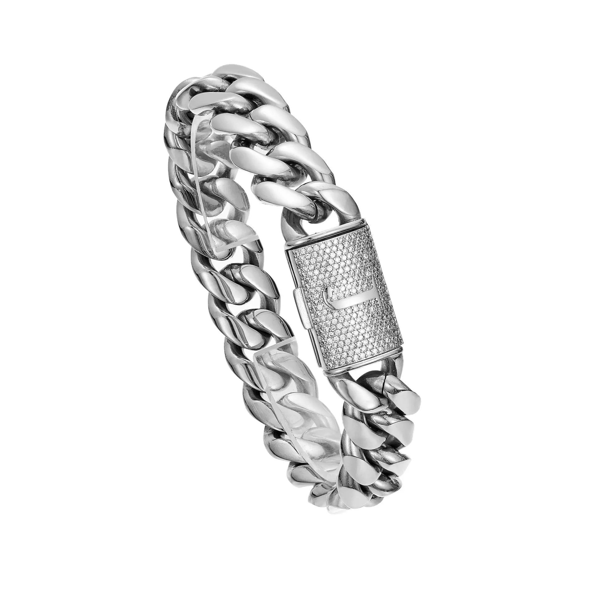 Silver Stainless Steel Cuban Link Bracelet for Men, 14Mm Heavy Chain with A–Z Initial Letter Clasp, Gothic Punk Hip Hop Style, Personalized Modern Gift for Him Tiktokshopspringglowup