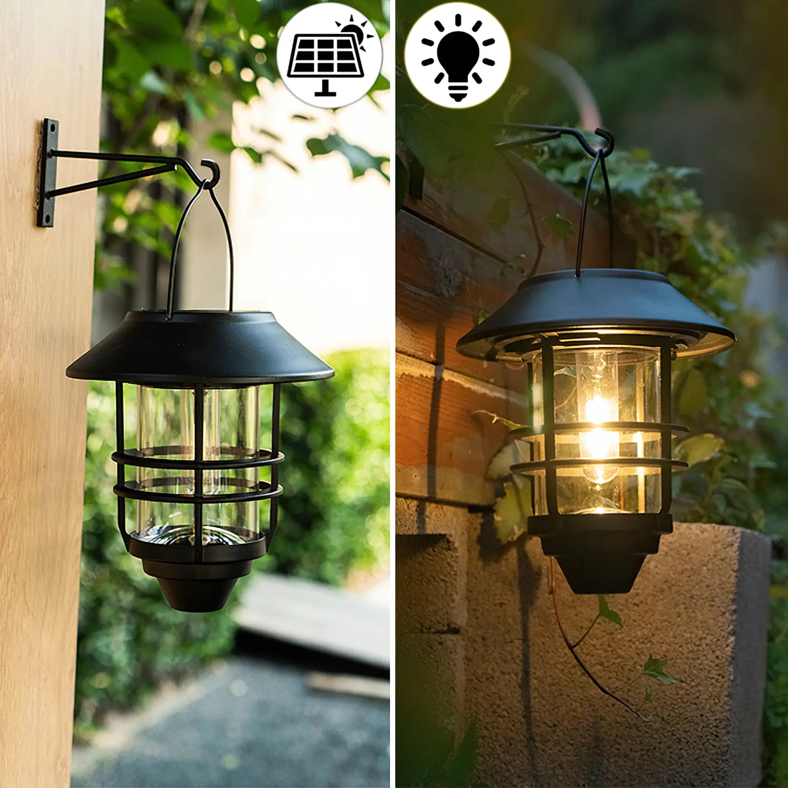 Summervibes，2 Pack Solar Wall Lantern Lights Outdoor, IP65 Waterproof Solar Powered Hanging Lights with Tungsten Filament Bulb, Dusk to Dawn Auto On/Off Solar Sconce Lights for Porch, Fence, Wall, Patio Deco