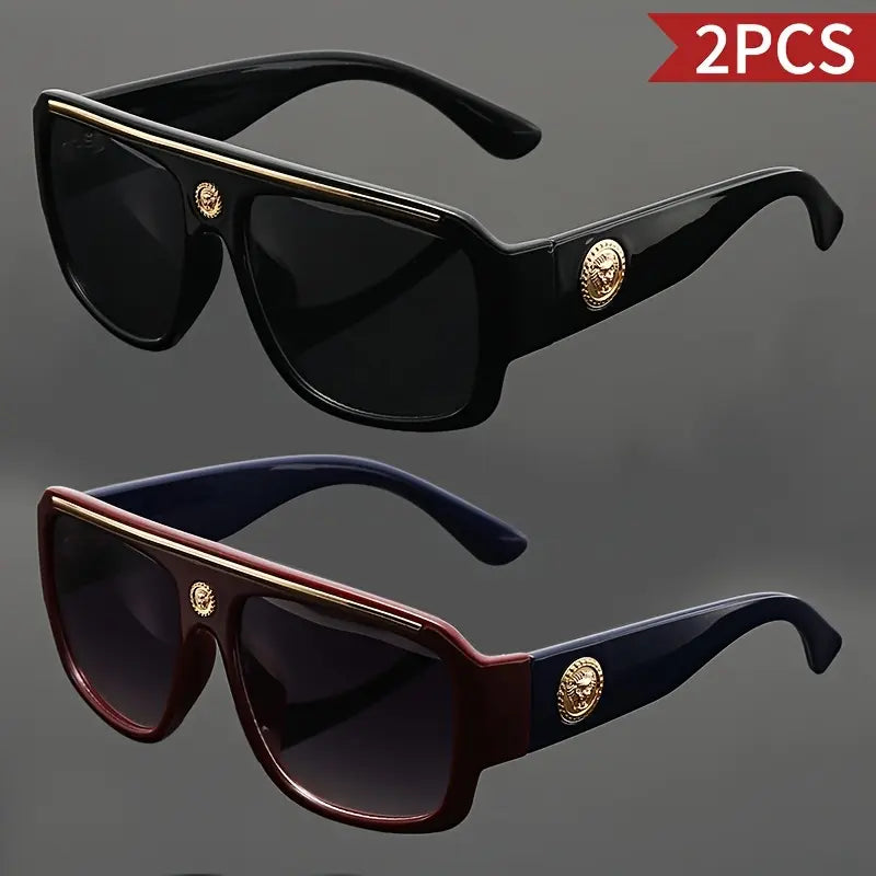 Unisex 2-Piece Vintage Full Rim Square Sunglasses, Lightweight PC (Polycarbonate) Frames with Metal Head Decoration, Fashion Eyewear for Beach & Daily Wear, Guys Gifts Women'S Sunglasses Accessories