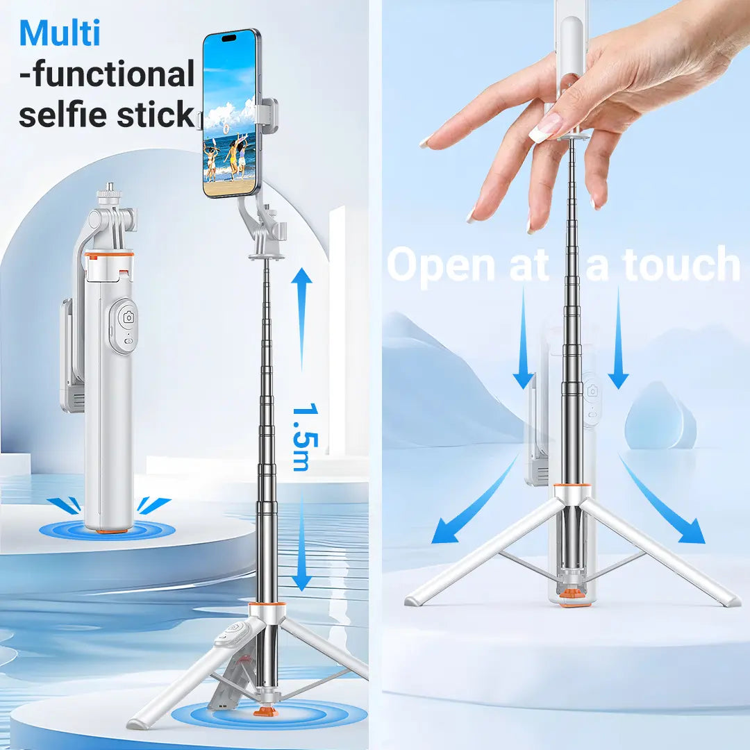 Upgraded Auto-Open 4-In-1 Selfie Stick Tripod — Convenient Shooting, Tripod, Phone Stand, Bluetooth Remote; Foldable Multi-Functional Design with Expansion Mounts: Compatible with Phones, Mirrorless & Action Cameras; Works with All Ios & Android Devices