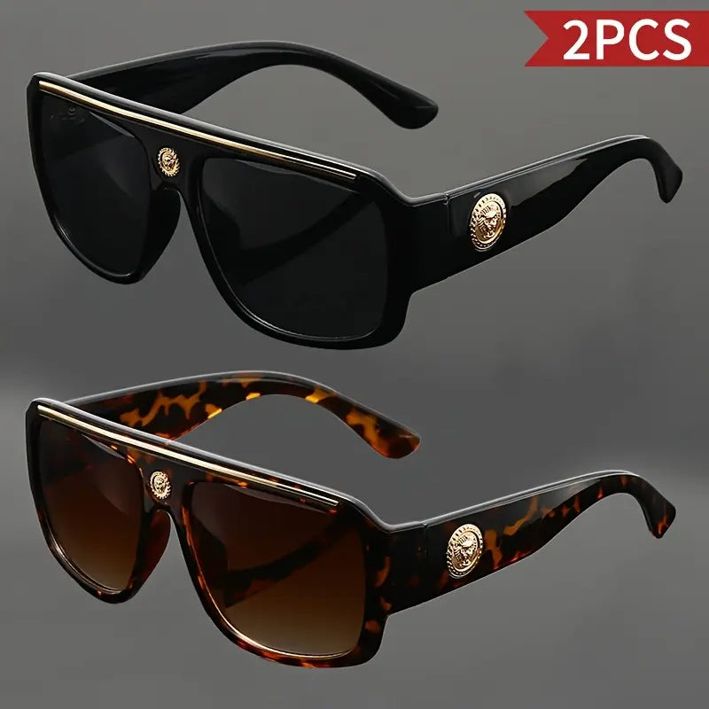 Unisex 2-Piece Vintage Full Rim Square Sunglasses, Lightweight PC (Polycarbonate) Frames with Metal Head Decoration, Fashion Eyewear for Beach & Daily Wear, Guys Gifts Women'S Sunglasses Accessories