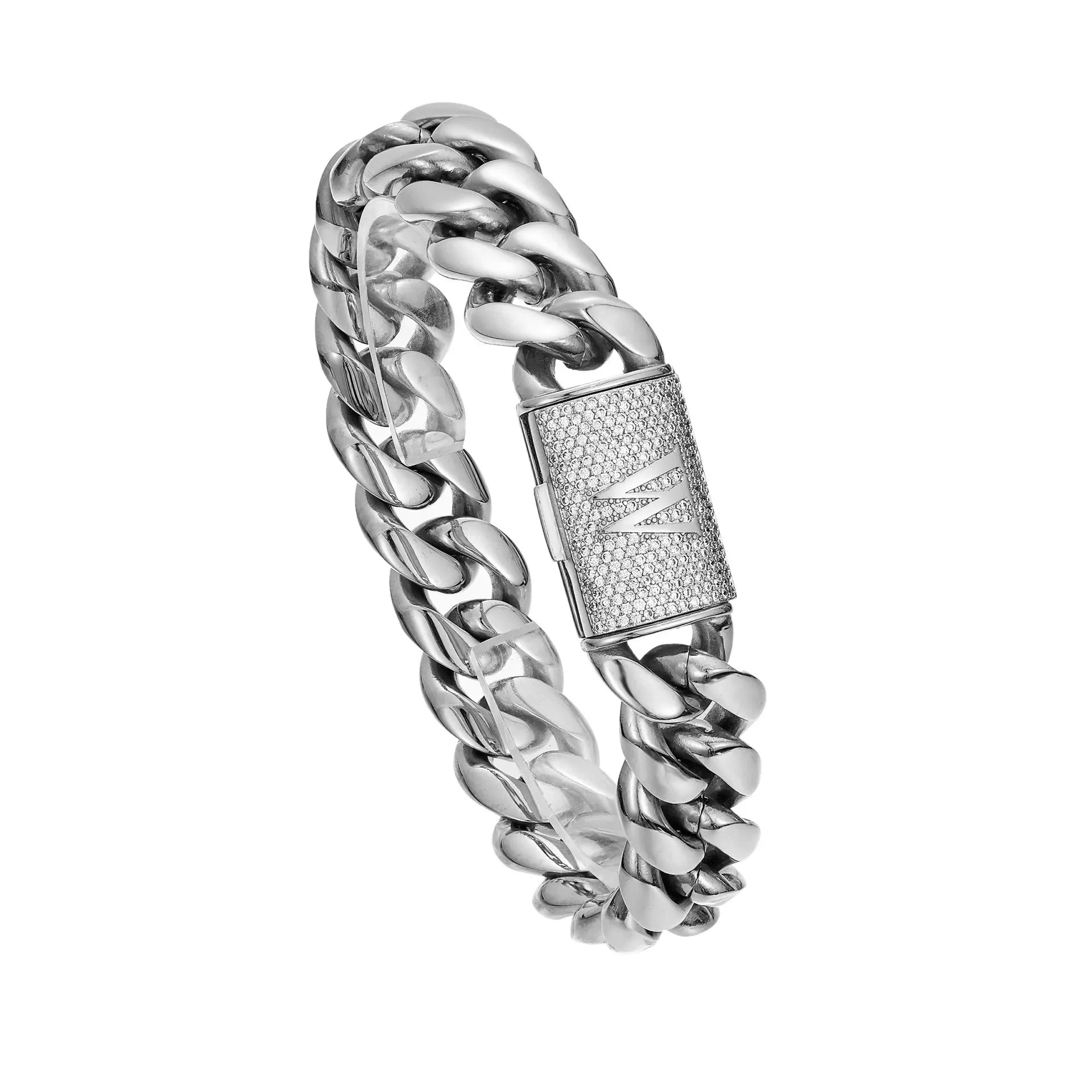 Silver Stainless Steel Cuban Link Bracelet for Men, 14Mm Heavy Chain with A–Z Initial Letter Clasp, Gothic Punk Hip Hop Style, Personalized Modern Gift for Him Tiktokshopspringglowup