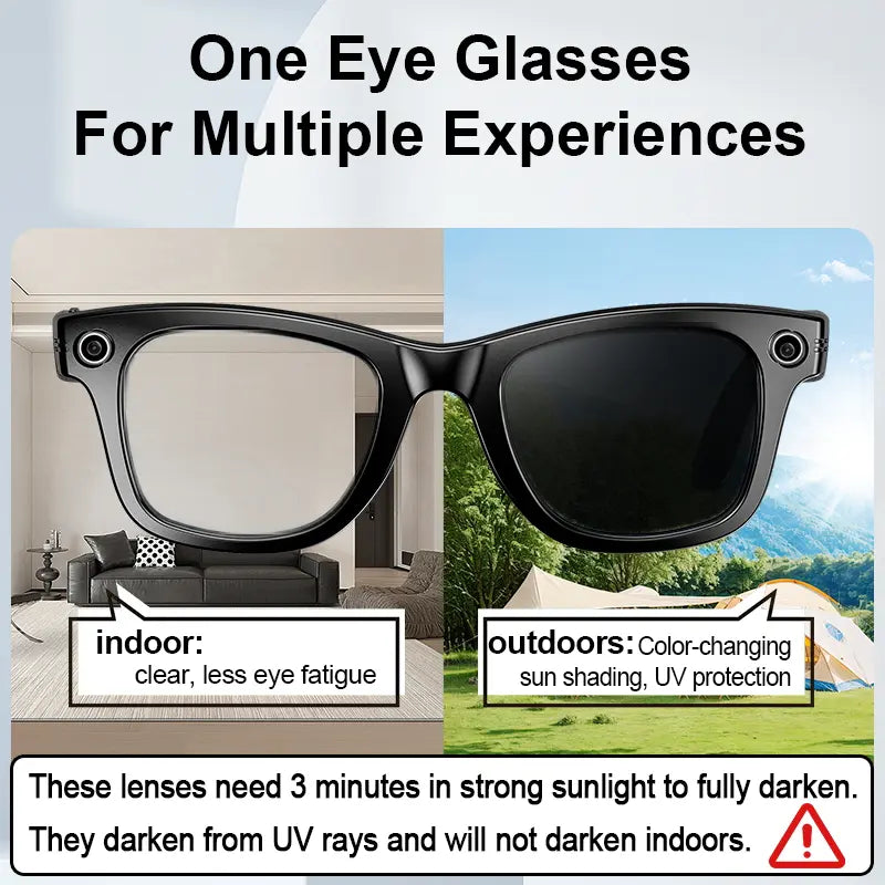 AI Smart Glasses with Camera, 8MP HD Video Recording, Hands-Free Capture, Bluetooth Audio & Calls, Real-Time Translation, Photochromic Lenses for Travel & Daily Use