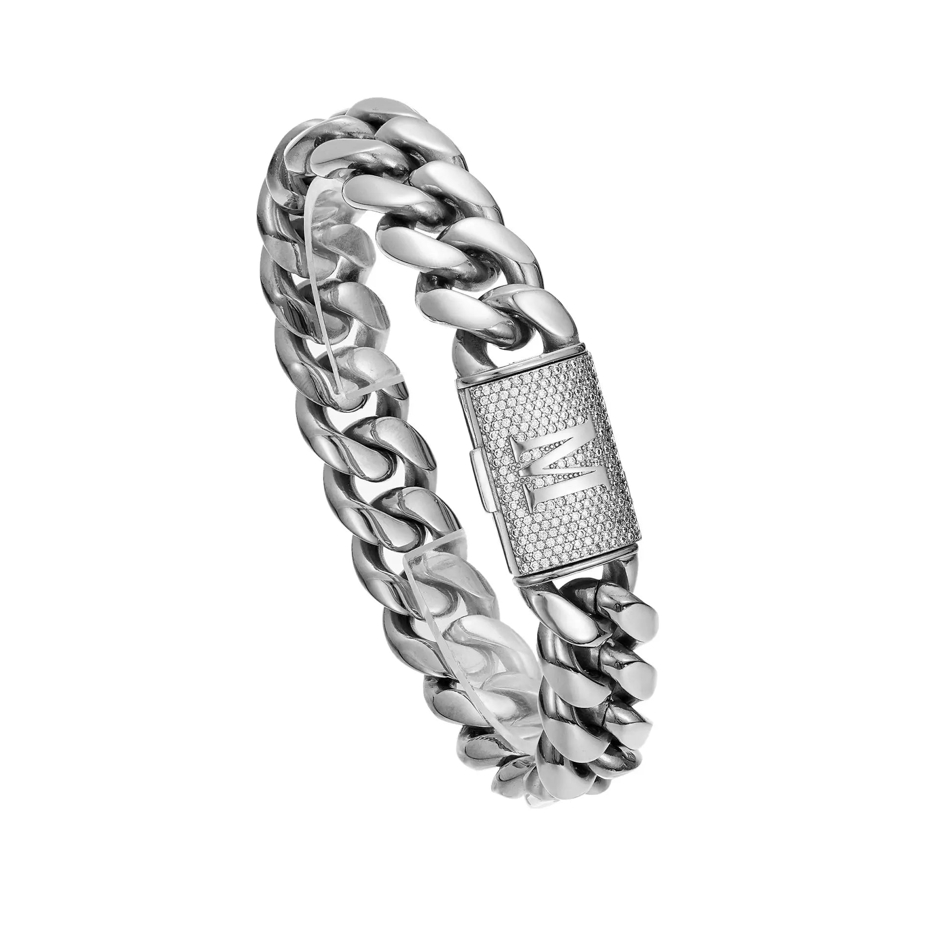 Silver Stainless Steel Cuban Link Bracelet for Men, 14Mm Heavy Chain with A–Z Initial Letter Clasp, Gothic Punk Hip Hop Style, Personalized Modern Gift for Him Tiktokshopspringglowup
