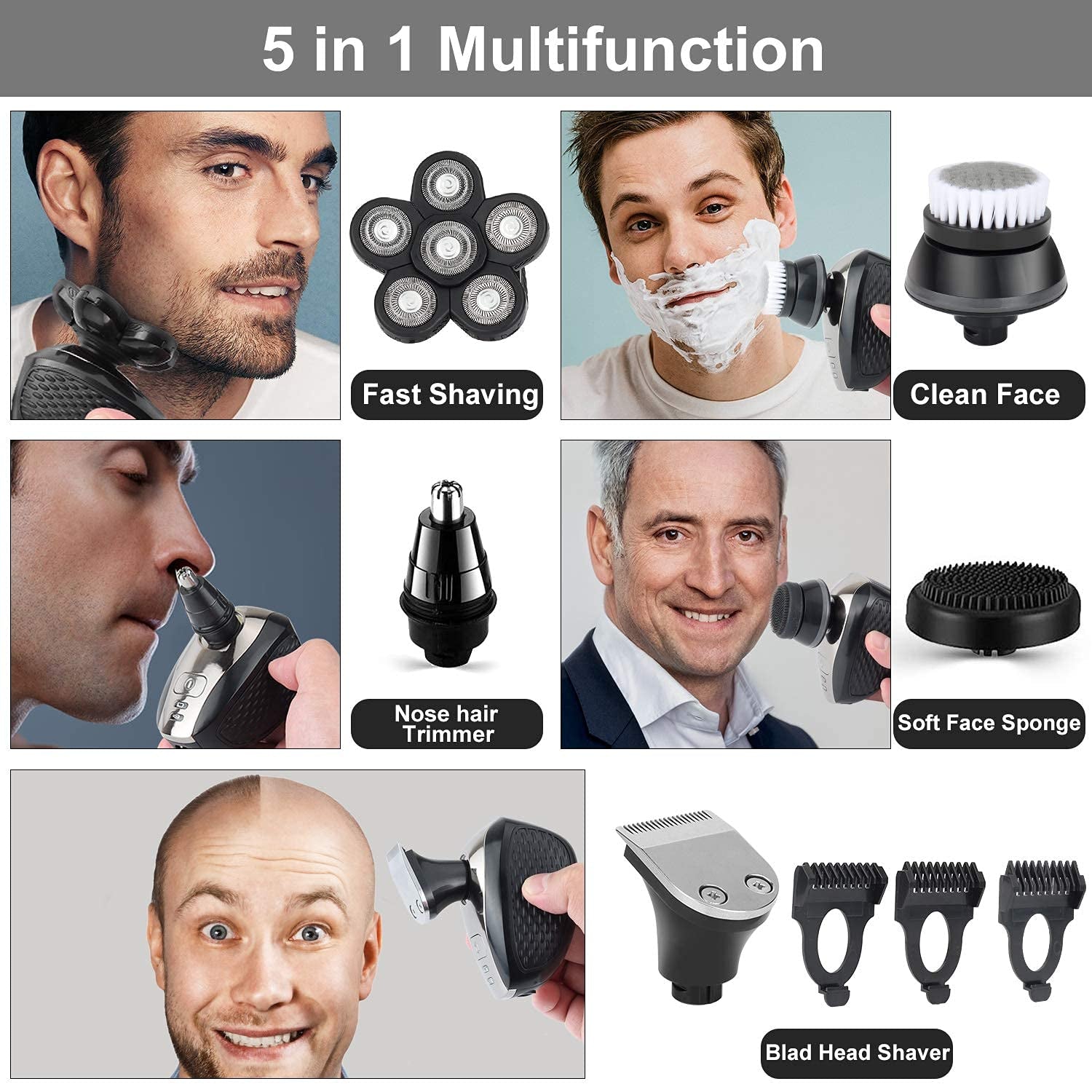 Electric Razor for Men, 5-In-1 Head Shavers for Bald Men, Wet & Dry, Rechargeable, Black
