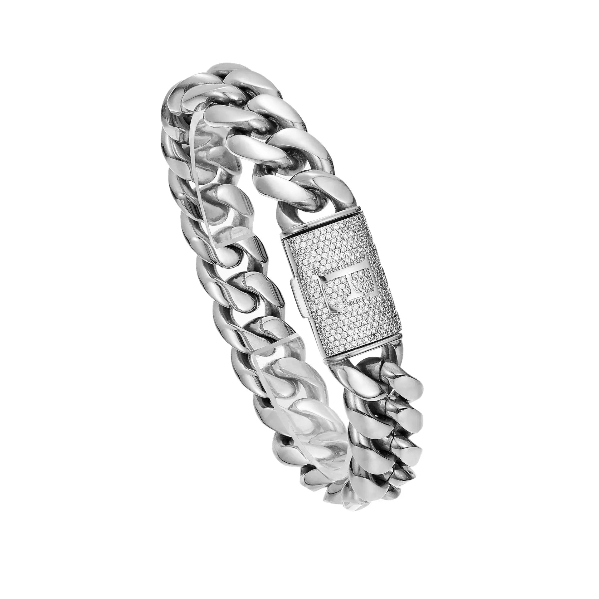 Silver Stainless Steel Cuban Link Bracelet for Men, 14Mm Heavy Chain with A–Z Initial Letter Clasp, Gothic Punk Hip Hop Style, Personalized Modern Gift for Him Tiktokshopspringglowup