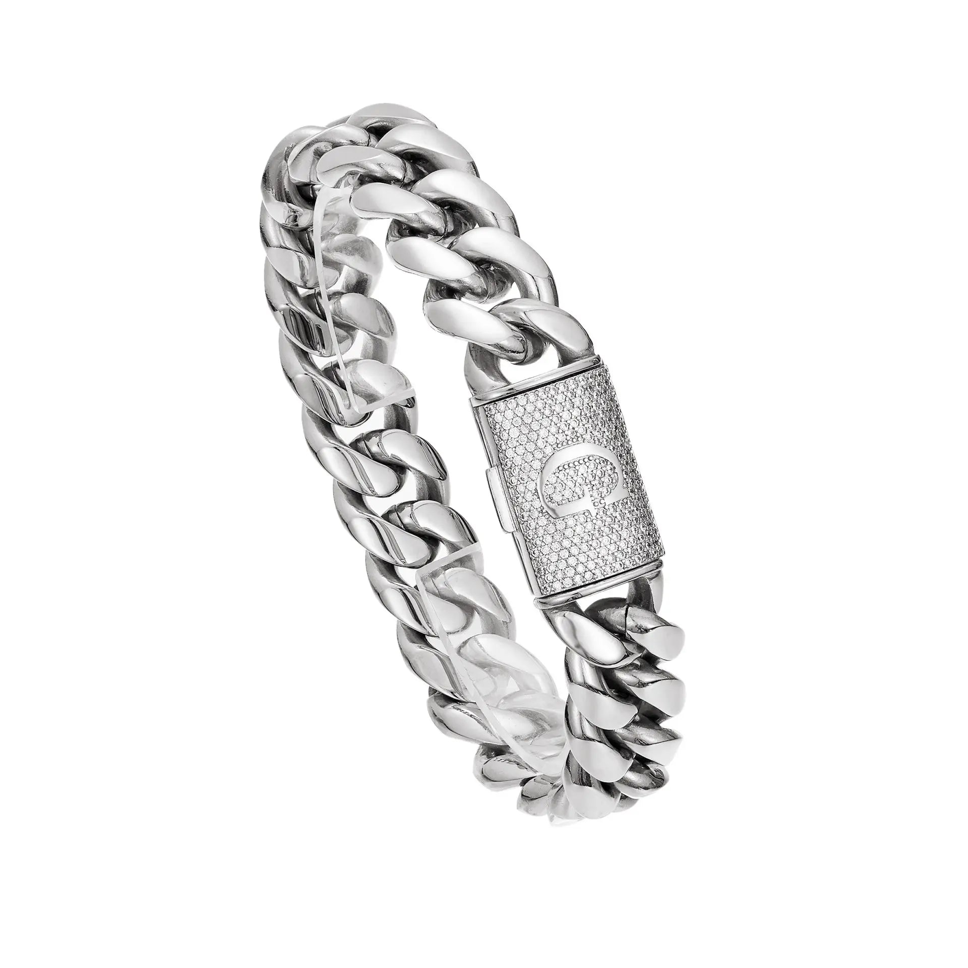 Silver Stainless Steel Cuban Link Bracelet for Men, 14Mm Heavy Chain with A–Z Initial Letter Clasp, Gothic Punk Hip Hop Style, Personalized Modern Gift for Him Tiktokshopspringglowup