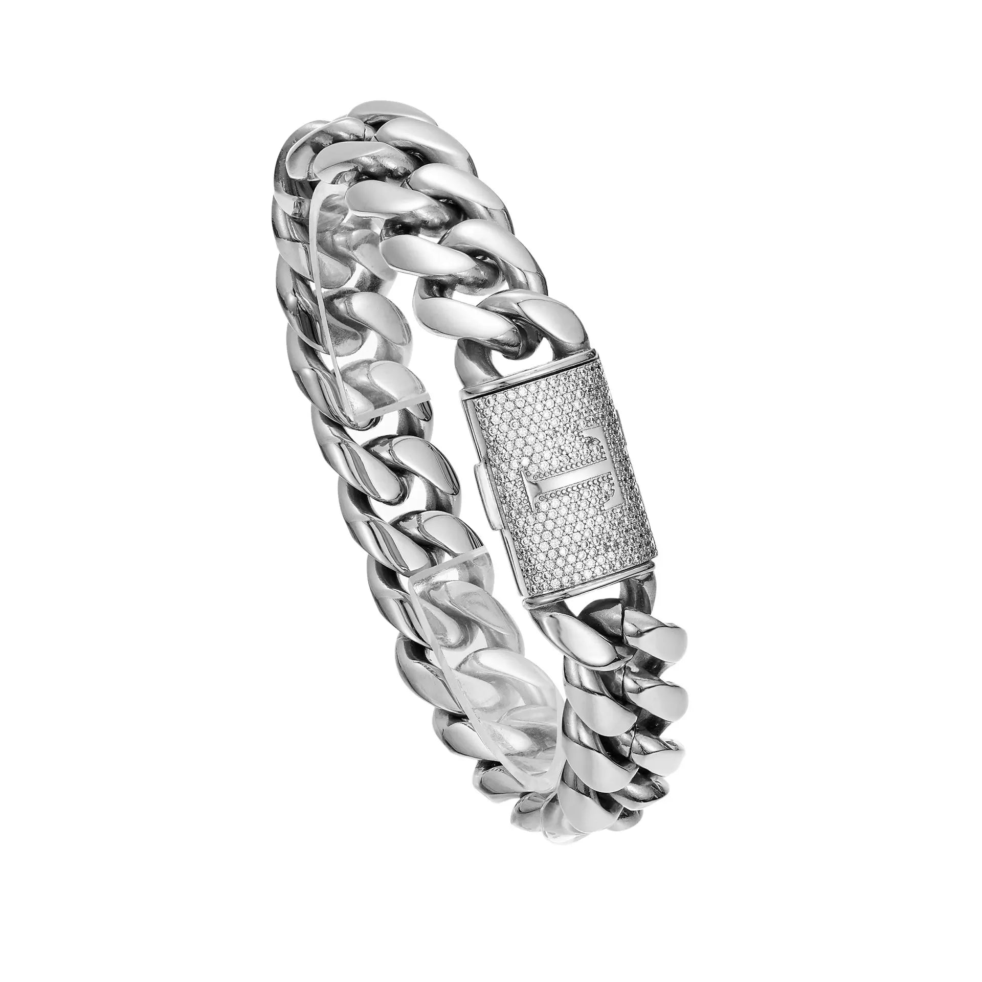 Silver Stainless Steel Cuban Link Bracelet for Men, 14Mm Heavy Chain with A–Z Initial Letter Clasp, Gothic Punk Hip Hop Style, Personalized Modern Gift for Him Tiktokshopspringglowup