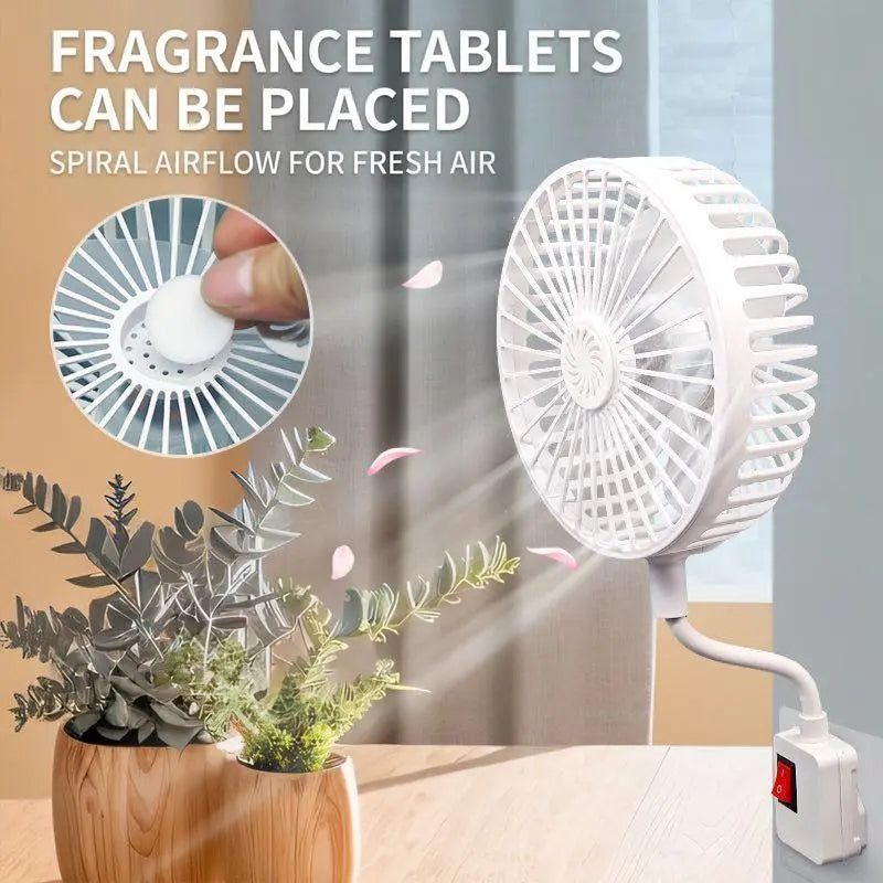 【Summervibes】Portable Home Bedroom Fan with Space for Aromatherapy Tablets, 360-Degree Rotation, Flexible Gooseneck Plug, Energy-Saving Desktop Fan, Suitable for Kitchen, Bathroom, Dormitory, and Office — the Perfect Gift for Summer.