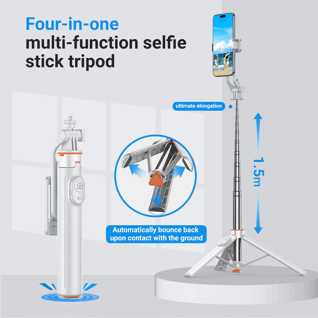 Upgraded Auto-Open 4-In-1 Selfie Stick Tripod — Convenient Shooting, Tripod, Phone Stand, Bluetooth Remote; Foldable Multi-Functional Design with Expansion Mounts: Compatible with Phones, Mirrorless & Action Cameras; Works with All Ios & Android Devices