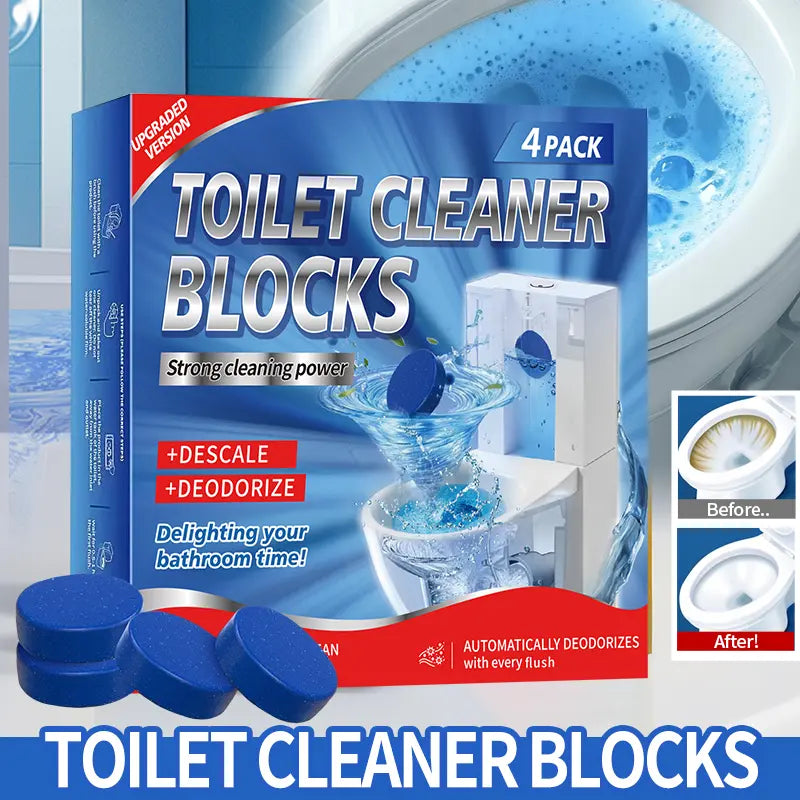 Toilet Deodorizing & Cleaning Tablets — Blue Bubble Deodorizer, Long-Lasting Fragrance & Cleaning Block, Powerful Stain Remover. Suitable for All Types of Toilets; Effectively Eliminates Stains and Odors. Toilet Cleaning Block Set — Pack of 4.