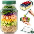Portable Salad Jar with Side Access Leak-Proof Reusable Snack Container Food Storage Container with Sauce Compartment Lid and Spoon for Outdoor Picnic BBQ for Renters Young Families Home Cooks