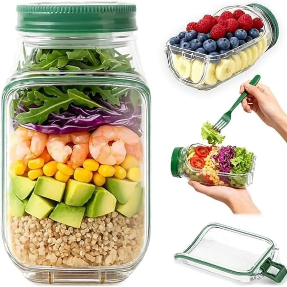 Portable Salad Jar with Side Access Leak-Proof Reusable Snack Container Food Storage Container with Sauce Compartment Lid and Spoon for Outdoor Picnic BBQ for Renters Young Families Home Cooks