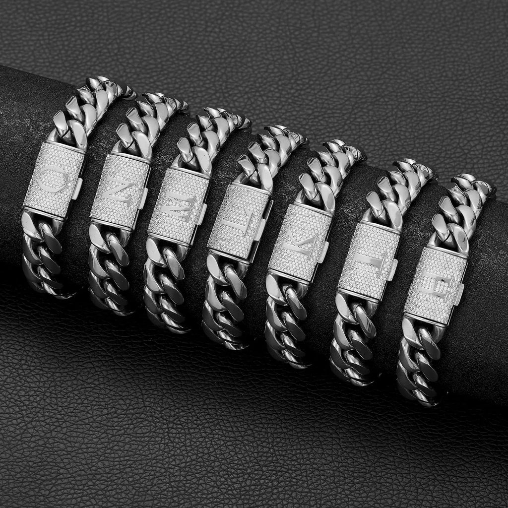 Silver Stainless Steel Cuban Link Bracelet for Men, 14Mm Heavy Chain with A–Z Initial Letter Clasp, Gothic Punk Hip Hop Style, Personalized Modern Gift for Him Tiktokshopspringglowup