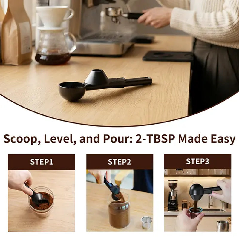 Coffee Scoop with Funnel for Reusable K Cup Refillable Coffee Pods, 2 TBSP Mess-Free Measuring Spoon with Sliding Leveler, Ideal for Ground Coffee, Protein Powder & Tea (1-Pack)