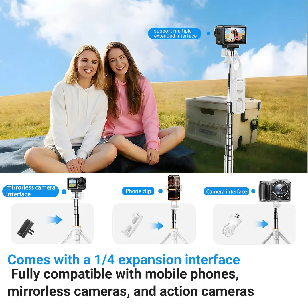 Upgraded Auto-Open 4-In-1 Selfie Stick Tripod — Convenient Shooting, Tripod, Phone Stand, Bluetooth Remote; Foldable Multi-Functional Design with Expansion Mounts: Compatible with Phones, Mirrorless & Action Cameras; Works with All Ios & Android Devices