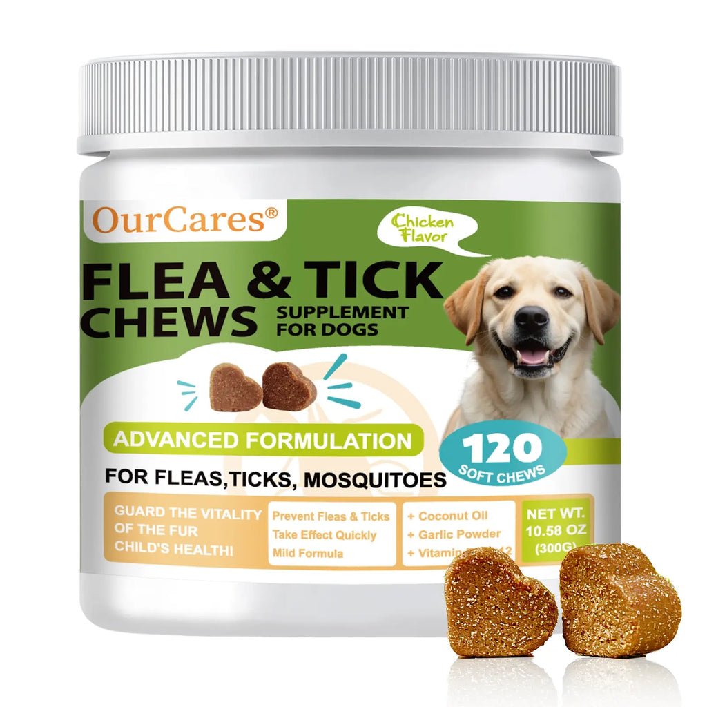 OURCARES Bites Prevention Chews for Dogs Natural Chicken Flavor 120 Count Plant-Based with Probiotics Coconut Oil Flaxseed & Fish Oil for All Breeds-New & OLD PACKAGING,RANDOM DELIVERY
