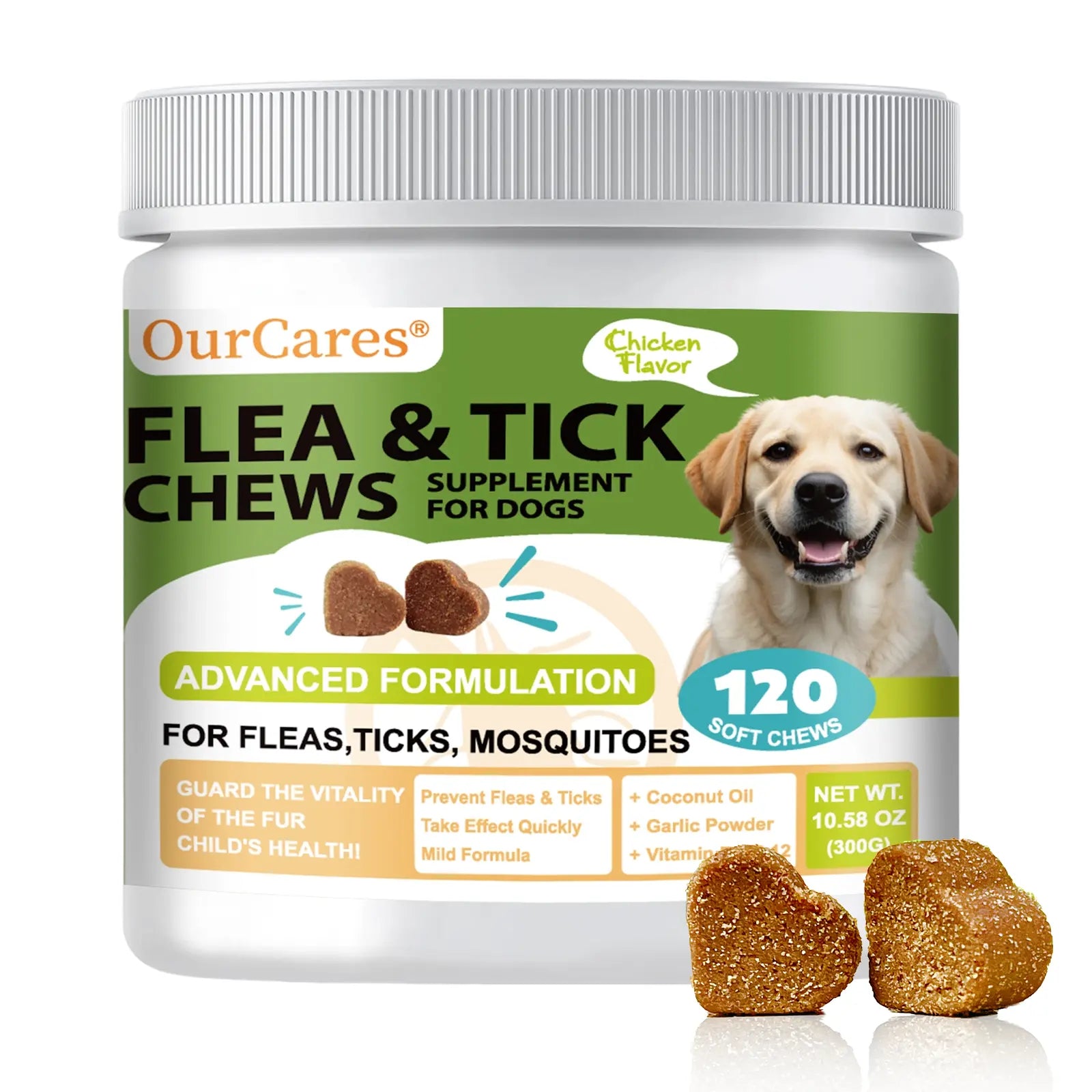OURCARES Bites Prevention Chews for Dogs Natural Chicken Flavor 120 Count Plant-Based with Probiotics Coconut Oil Flaxseed & Fish Oil for All Breeds-New & OLD PACKAGING,RANDOM DELIVERY